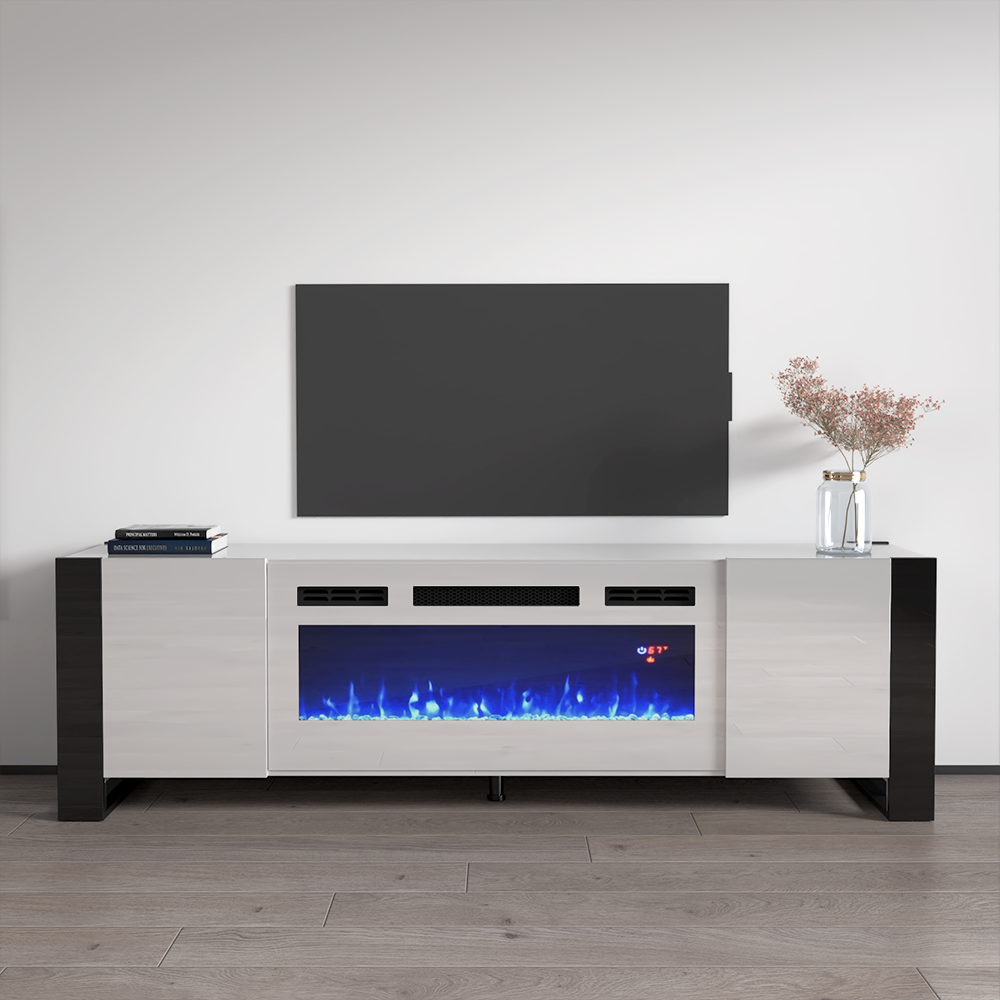 White modern tv discount stand with fireplace