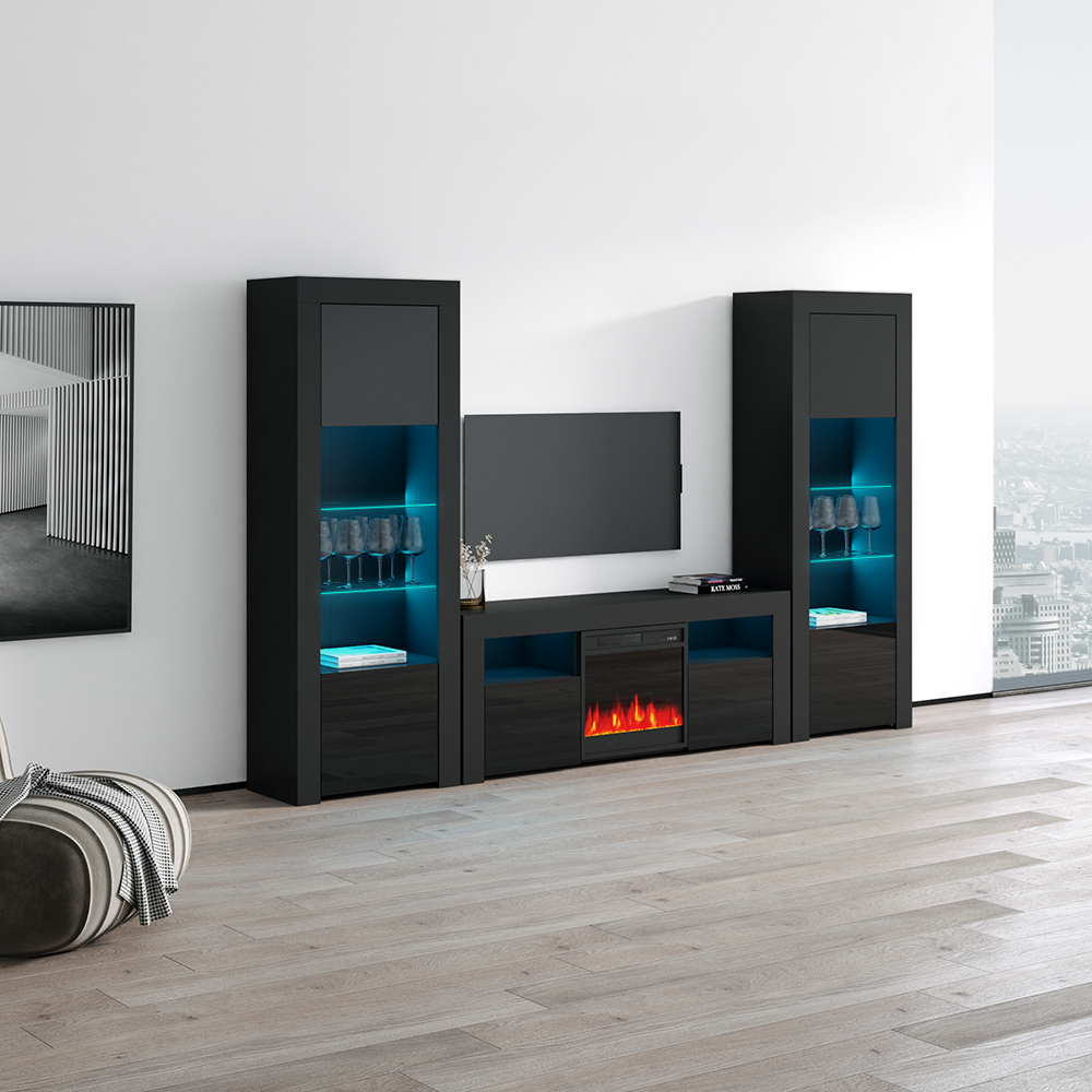 modern wall entertainment center with fireplace